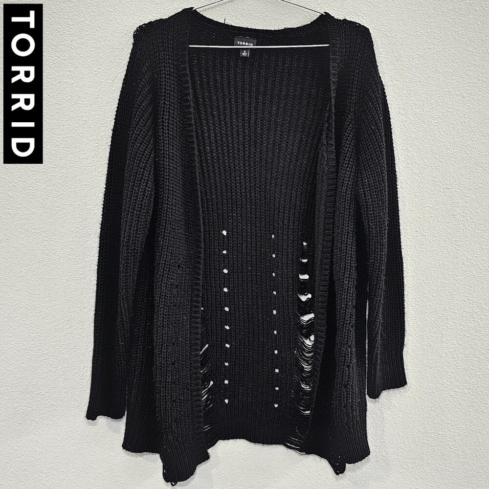 TORRID 2 Black Distressed Grunge Knit Open Sweater Cardigan Plus Size 18/20 2X